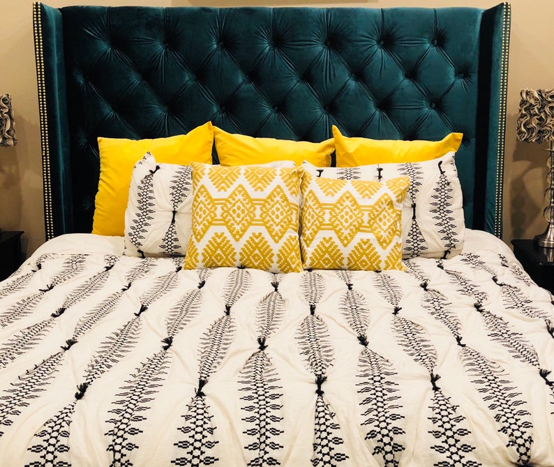 Tufted Wingback Headboard In Emerald Green Velvet King Extra Image 0
