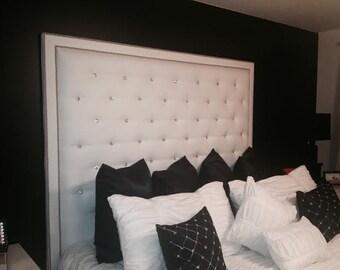 White Faux Leather, Crystal Button Tufted Headboard with Double Nailhead Border (King, Extra Tall)