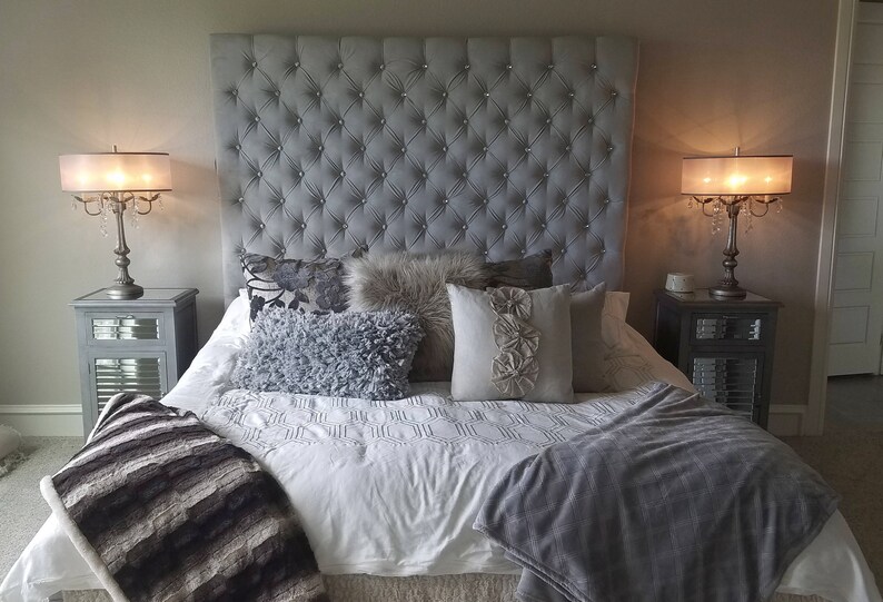 Velvet Crystal Diamond Tufted Headboard King Size Extra Tall Image 0