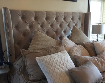 Diamond Tufted Grey Velvet Wingback Headboard (King, Extra Tall)