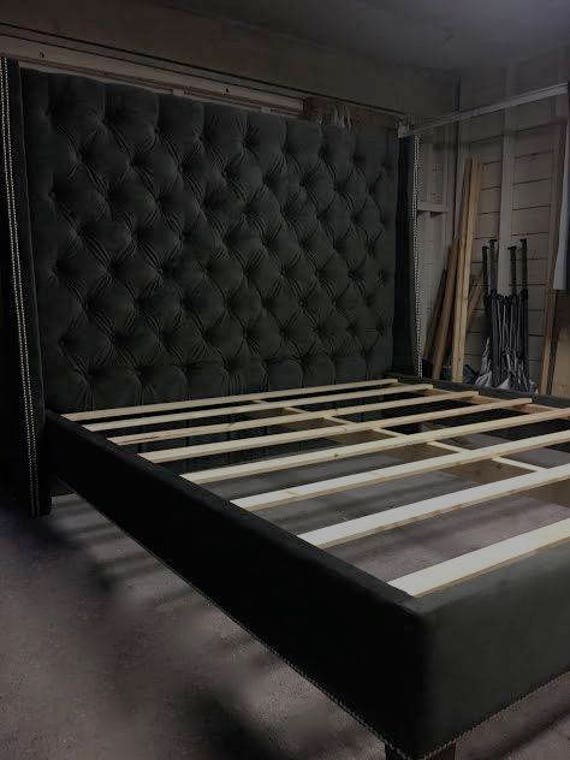 Diamond Tufted Wingback Headboard And Upholstered Bed Frame Image 0