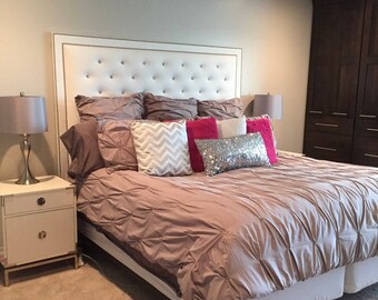White Faux Leather, Crystal Button Tufted Headboard with Double Nailhead Border (King, Extra Tall)