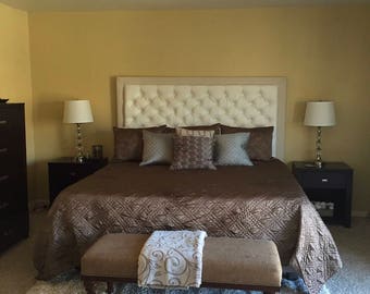 Diamond Tufted Faux Leather Headboard with Contrasting Border (King, Extra Tall)