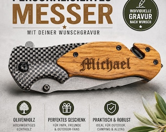 Personalisiertes Taschenmesser mit Gravur | Olivenholz Messer | Geschenk für Papa, Opa & Männer | Wunschname | Outdoor Messer