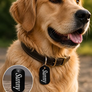 Könnte beinhalten: Ein dunkelbraunes Hundehalsband aus Leder mit Metallschnalle und einer rechteckigen schwarzen Metall-Identifikationsmarke mit dem eingravierten Namen Sunny in weißer Schreibschrift, sowohl am Halsband als auch separat abgebildet.