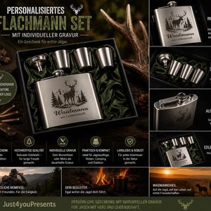 Könnte beinhalten: Ein Flachmann-Set aus Edelstahl mit einer Hirsch- und Waldgravur, bestehend aus drei kleinen Metallbechern und einem Trichter, präsentiert in einer schwarzen Geschenkbox mit dunkelgrünem Stofffutter. Der Flachmann ist mit dem Text Waidmann aus Leidenschaft graviert.