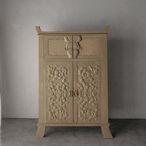Vintage Hand Carved Wood Floral Relief Armoire Cabinet image 1