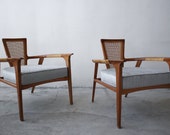 Pair of Mid Century Walnut and Cane Lounge Chairs by William Hinn