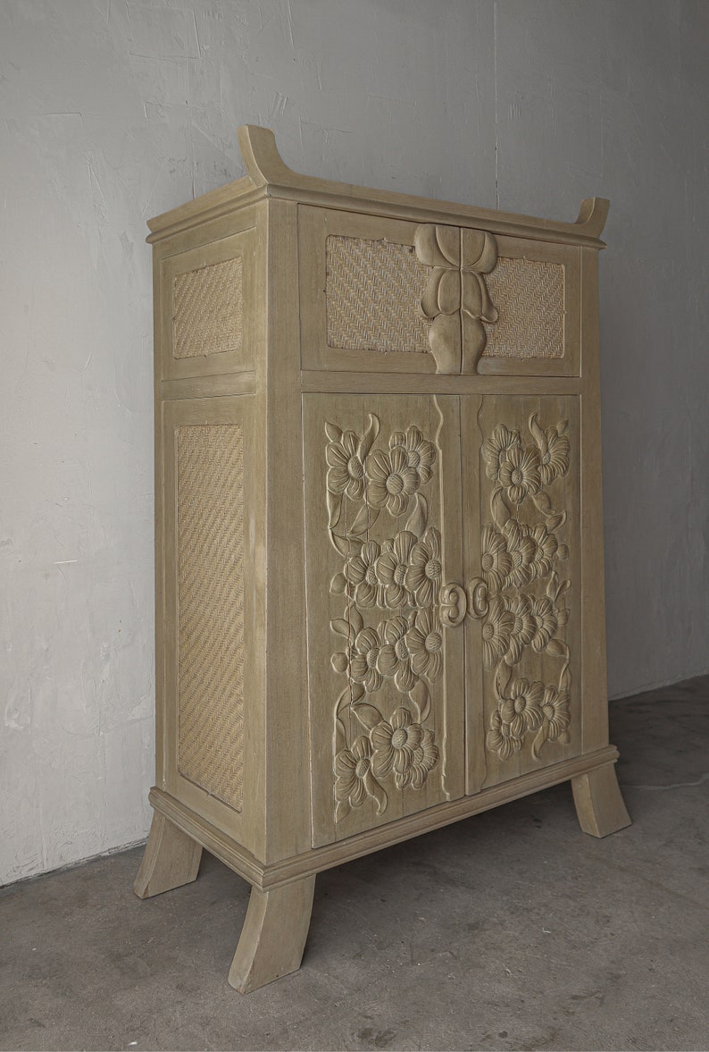 Vintage Hand Carved Wood Floral Relief Armoire Cabinet image 2