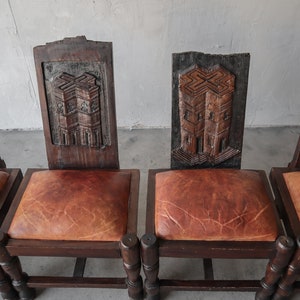 Primitive Hand Carved Wood and Leather Chairs image 2