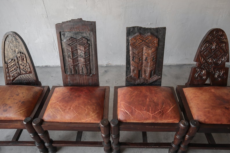 Primitive Hand Carved Wood and Leather Chairs image 2