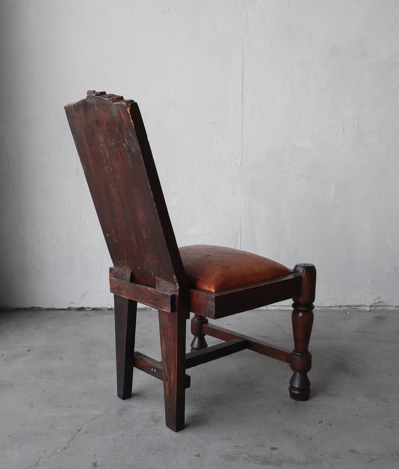 Primitive Hand Carved Wood and Leather Chairs image 8
