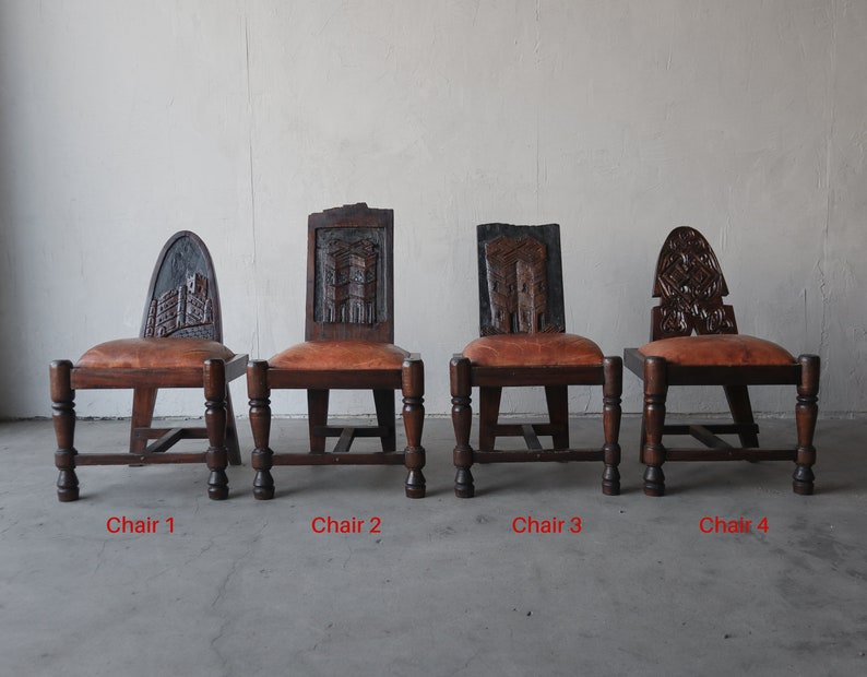Primitive Hand Carved Wood and Leather Chairs image 1