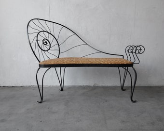 Vintage Iron and Wicker Nautilus Coastal Bench and Table