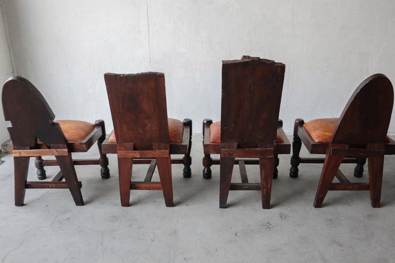 Primitive Hand Carved Wood and Leather Chairs image 3