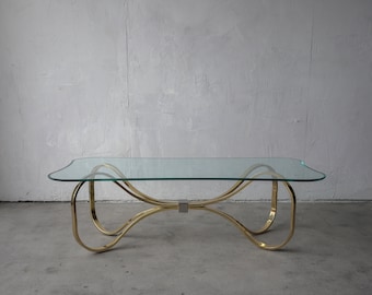 1980's Regency Brass and Glass Bow Tie Coffee Table