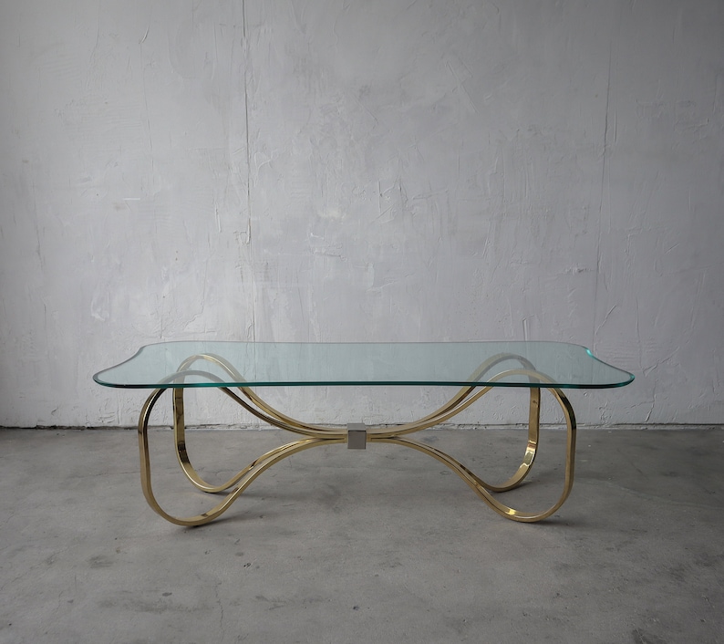 1980's Regency Brass and Glass Bow Tie Coffee Table image 1
