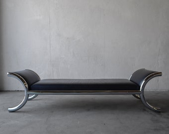 1970s Black Leather and Chrome Steel Daybed Bench