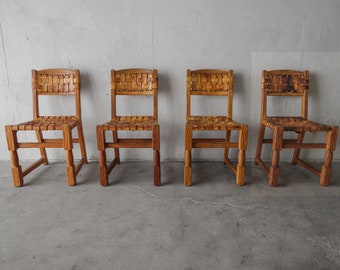 Set of Four Woven Leather and Oak Dining Chairs