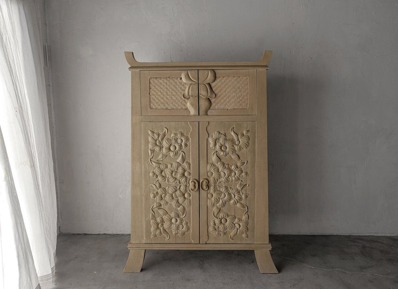 Vintage Hand Carved Wood Floral Relief Armoire Cabinet image 1