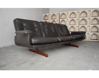 Mid Century Danish Brown Leather & Rosewood Sofa
