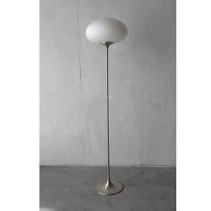May include: A silver floor lamp with a white, oval-shaped lampshade. The lamp has a long, slender stem and a wide, circular base.