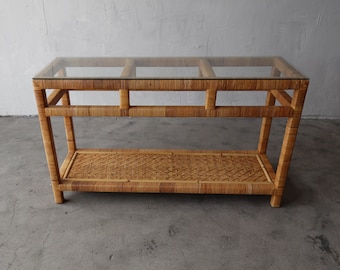 High Quality Vintage Wicker and Glass Console Table