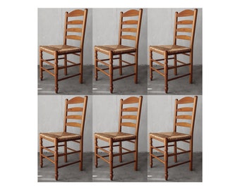 Set of 6 Italian Pine and Rush Ladderback Dining Chairs