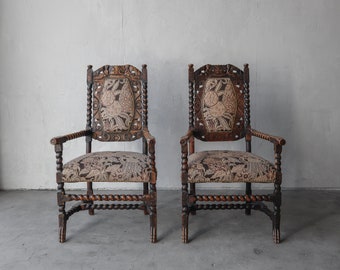 Antique Jacobean Carved Wood Arm Chairs