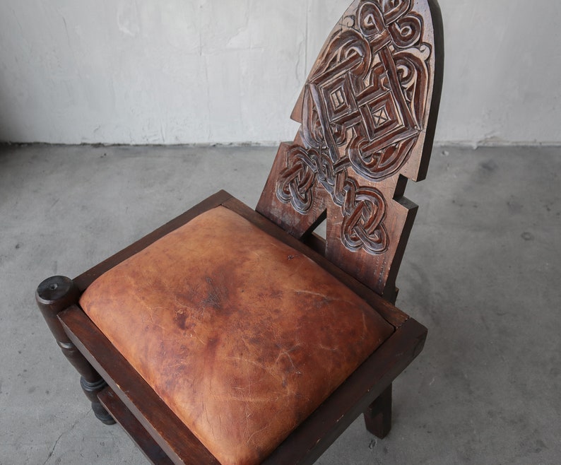 Primitive Hand Carved Wood and Leather Chairs image 5