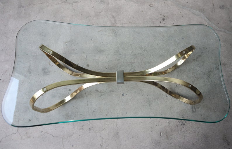 1980's Regency Brass and Glass Bow Tie Coffee Table image 4