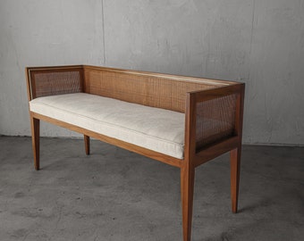 Mid Century Cane and Velvet Bench - Dunbar Wormley