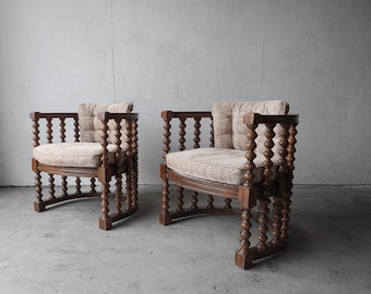 Pair of 1970's Spanish Revival Bobbin Barrel Chairs