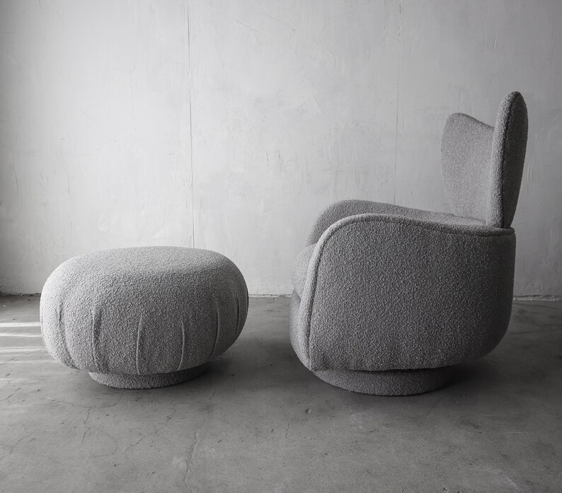 Vladimir Kagan Wingback Swivel Chair and Ottoman in Boucle image 3