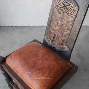 Primitive Hand Carved Wood and Leather Chairs image 9