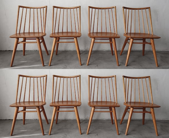 Mid-Century Modern Slatted Back / Straight Barrel Legs Dining Chair Set / 8