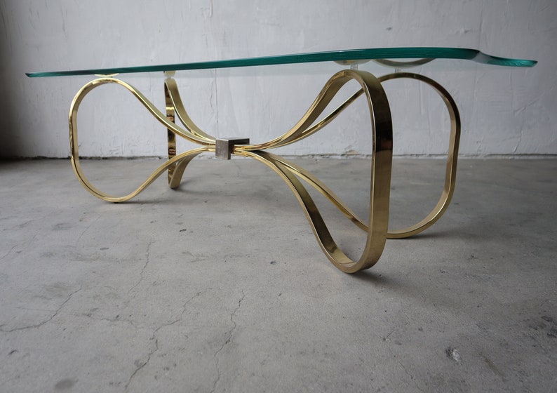 1980's Regency Brass and Glass Bow Tie Coffee Table image 3