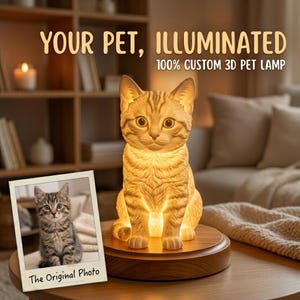 May include: A custom 3D pet lamp shaped like a cat, illuminated from within, sits on a wooden base. The lamp is a detailed replica of a cat, with the text "YOUR PET, ILLUMINATED 100% CUSTOM 3D PET LAMP". A photo of the original pet is next to the lamp.