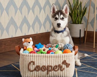Personalized Cream Corduroy Dog Toy Basket Custom Embroidered Name Pet Accessories Storage Neutral Decor