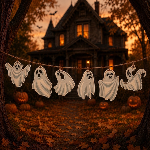 Décoration suspendue d'intérieur de guirlande de fantômes d'halloween en bois rustique en couches pour manteau de cheminée de fête d'automne