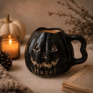 Hand Carved Name Black Ceramic Cauldron Mug Spooky Halloween Ghost Pumpkin Bat Gothic