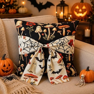 Dark Cottagecore Halloween Mushroom Ghost Spiderweb Bow Front Sofa Throw Pillow Cover
