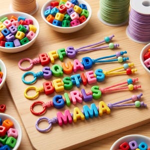 May include: Brightly coloured beaded keyrings spelling out "BFFS", "SQUAD", "BESTIES", "GIRLS", and "MAMA". Each keyring has a different colour scheme and is attached to a ring. Small bowls of colourful beads and spools of thread are in the background.