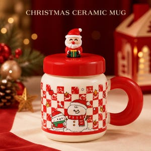 Geglazuurde keramische kerstmok met 3D-kerstboomdeksel, dik handvat en kerstversiering met kerstman.