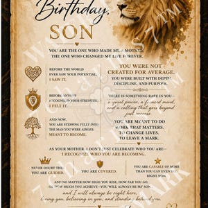May include: A decorative scroll with a lion illustration and the text "Happy Birthday, Son." The scroll features inspirational text and a message from "Mom." The color palette includes gold, brown, and beige tones.