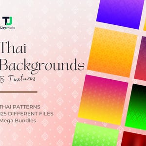 May include: Digital product featuring Thai backgrounds and textures. The image displays a variety of colorful gradient squares with diamond patterns, alongside text that reads "Thai Backgrounds & Textures" and "Thai Patterns 125 Different Files Mega Bundles."