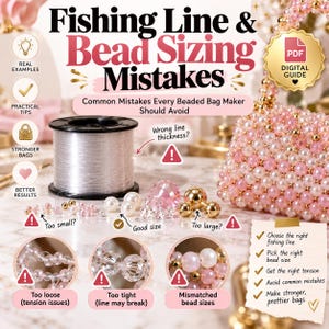 Puede incluir: Una guía digital titulada Fishing Line & Bead Sizing Mistakes que muestra un carrete de hilo de pescar transparente, varias cuentas rosas y doradas, y un bolso de cuentas. La imagen incluye etiquetas de texto que identifican errores comunes como el grosor del hilo, el tamaño de las cuentas y problemas de tensión.