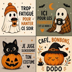 Peut inclure: Une illustration en quatre panneaux montrant des fantômes, un chat noir et une citrouille. Le texte inclut : TROP FATIGUÉ POUR HANTER CE SOIR, ICI POUR LES FRIANDISES (ET LE DODO), JE JUGE SILENCIEUSEMENT TON COSTUME, et CAFÉ, BONBONS, DODO.