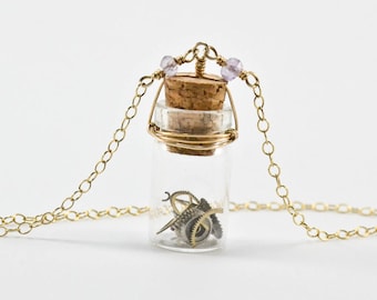 Tiny Bottle with Gears Necklace- 14kt Gold Fill with Amethyst