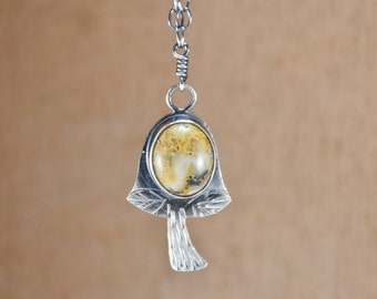 Mushroom Necklace- Silver Necklace- Handmade Necklace- Mushroom Jewelry- Crazy Lace Agate- Silver Jewelry